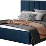 Επενδυμένο κρεβάτι Dobrik-200 x 200-Μπλέ-Με μηχανισμό ανύψωσης